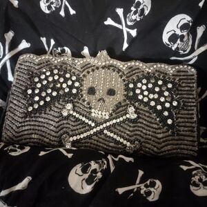 Wayne M. Kleski Beaded Rhinestone Skull and Crossbone Winged Clutch Purse